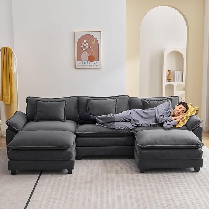 Sectional Sofa Comfy Cloud Couch for Living Room with Pillows Modern Velvet Sofa Sleeper Deep Couches with Two Ottoman (Grey 5-Seat)