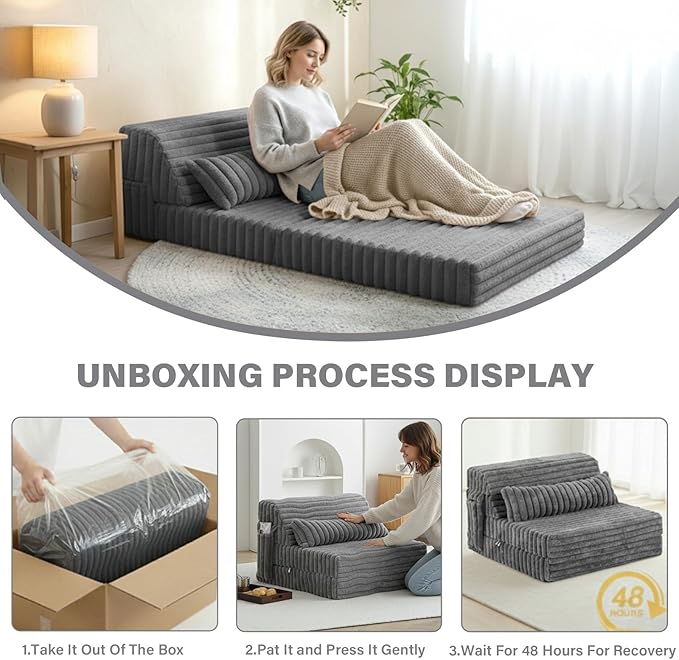 Tiita Folding Sofa Bed Twin Size Convertible Sleeper Chair Mattress with Pillow Thick Corduroy Floor Mattress Couch Bed with Side Pocket Guest Room Dorm Apartment Grey