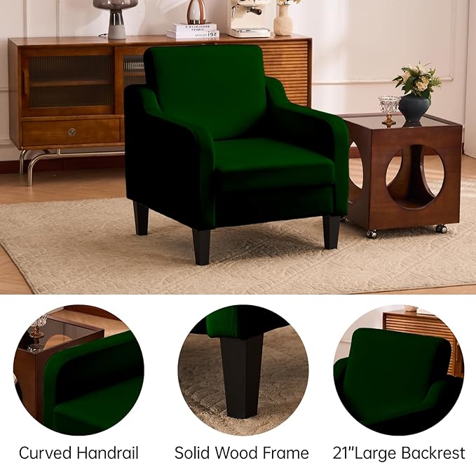 Accent Chair for Living Room Modern Velvet Living Room Chairs with Wide Backrest Upholstered Comfy Chair with Cushion Oversized Sofa Chair with Wood Legs Single Armchair Green