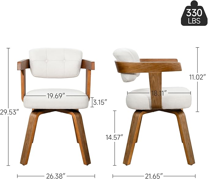 Art Leon Modern Dining Chairs - Set of 2 Mid Century Dining Chairs Fabric Upholstered Swivel Chairs Comfy Desk Chair No Wheels Accent Arm Chair for Kitchen Living Room Study Off White/Walnut