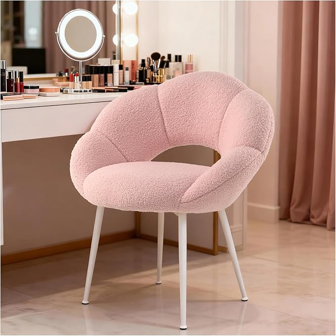 Petal Makeup Vanity Chair with BackUpholstered Makeup Accent Reading Chair No WheelsModern Dining Chair for HomeOfficeBedroomTeddy Plush (Pink)