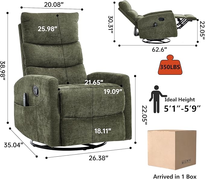 PELUMY 360° Swivel Rocker Recliner with Heat &amp Vibration Massage Glider Rocking Chair for Adults Compact Recliner for Living Room Small Spaces Nursery Bedroom (Chenille Green)