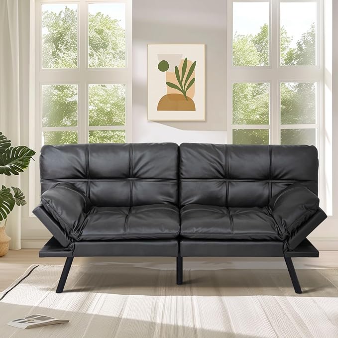 MUUEGM 71 Futon Sofa Bed with Memory FoamFuton Couch with Adjust Backrest and Armrest Couches Bed for Living RoomStudios Apartments Dormitories Offices and Game Room.Matt Black Leather Sofa Bed