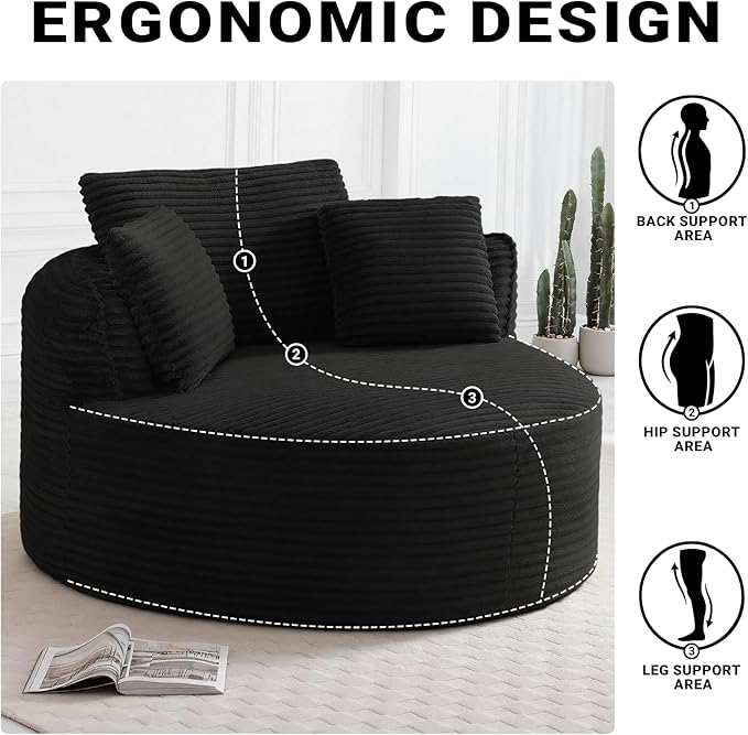 54-inch Oversized Round Chaise Longue Chair Indoor Modern Upholstered Corduroy Deep Seat Circle Chair Single Cloud Lounge Floor Sofa Chair for Living Room Bedroom Apartment Black