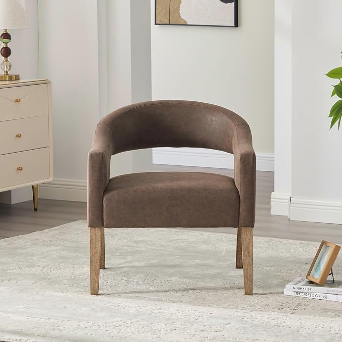 Modern Accent Chair Upholstered PU Leather Barrel Armchairs with Rubberwood Legs Comfy Lounge Arm Chair Hollow-Out Side Club Chair for Living Room Bedroom Office (Coffee-Wide)