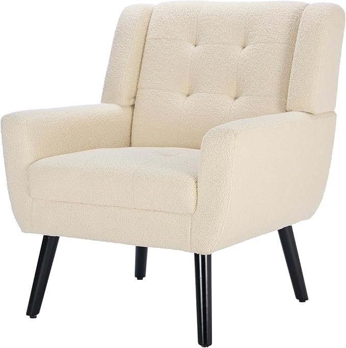 Modern Soft Teddy Material Ergonomics Accent Chair Living Room Chair Bedroom Chair Home Chair with Black Legs for Indoor Home White Teddy Fabric