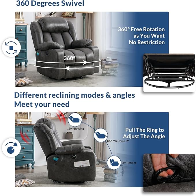 Manual Swivel Glider Rocker Recliner Chair with Heated Massage 360° Swivel Overstuffed Reclining Chair with 2 Cup Holders Side Pockets &amp USB Ports for Living Room Gray