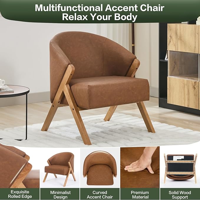 Mid Century Modern Accent Chair Comfy Upholstered Linen Fabric Armchair with Wood Frame for Living Room or Bedroom Brown
