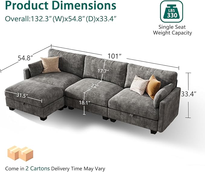 Modular Sectional U Shaped Sofa Couches for Living Room Cloud Couch with Storage Ottoman Comfy Chenille Sofa with Pillow Dark Gray
