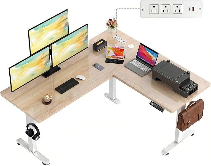 farexon 63x55 Inch L Shaped Standing Desk with Outlets Electric Adjustable Height Stand Up Desk Corner sit Stand Desk with Mouse Pad Hook Home Office Writing Gaming Computer Workstation Oak Grey