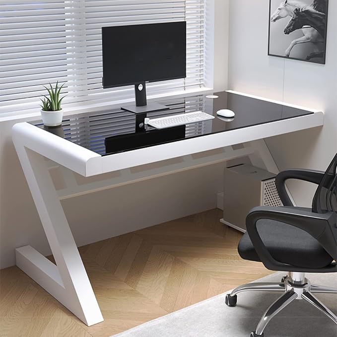 Tempered Glass Computer Desk Modern Design Student Writing Desk Study Desk Home Office Desk Gaming Desk Personal Workstation with Z-Shaped Metal Frame(47 Inch Black &amp White)