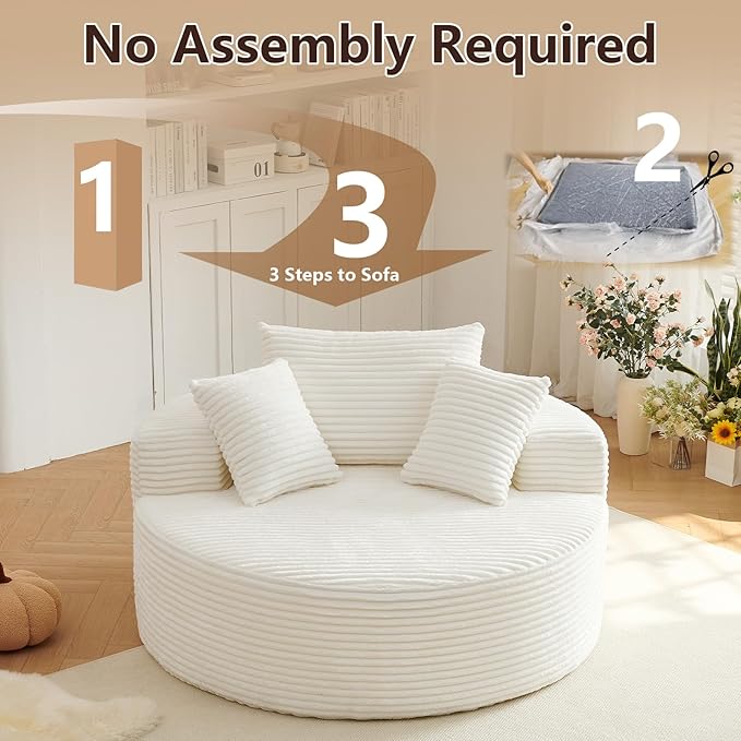 55'' Oversized Round Chair Lounge Chaise Indoor Cloud Boneless Large Circle Chair with Plush Corduroy No Assembly Required Fluffy Modern Sleeper Sofa Bed for Reading Living Room Bedroom(White)