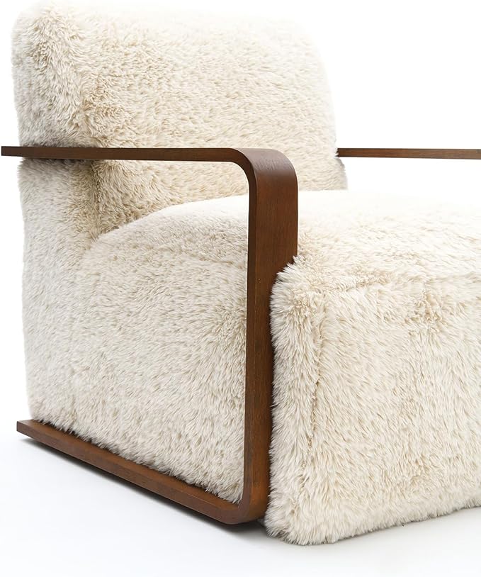 Comfortable Faux Fur Reading ChairModern Luxury Accent Chair Side Chairs with Curved Wooden Armrests for ApartmentLiving RoomOfficeStudyBeige