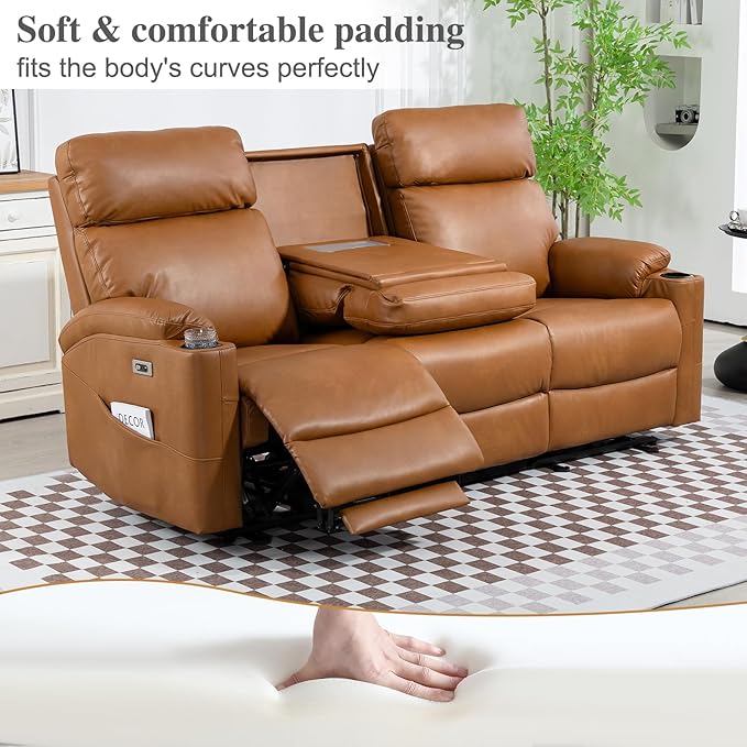 Power Reclining Sofa - 3 Seater Recliner Sofás PU Leather Sofa Home Theater Seating with Flipped Middle Backrest Power Recliner Couch for Living Room(Brown)