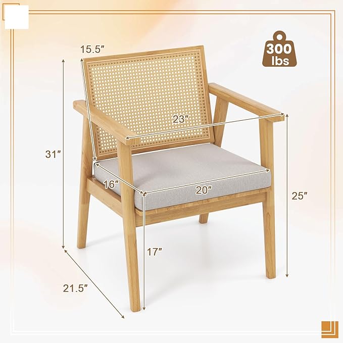 Giantex Modern Rattan Accent Chair Set of 4 Mid Century Accent Chairs w/Curved Backrest Detachable Padded Seat Cushion Solid Rubber Wood Frame Comfy Armchairs for Living Room Bedroom Natural