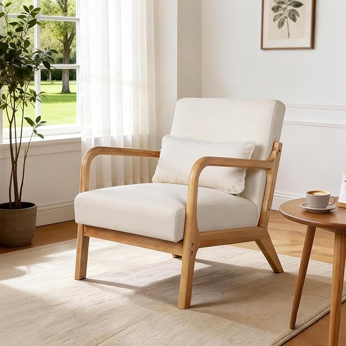 Mid Century Accent Chair Comfy Arm Chair with Solid Wood Frame Upholstered Modern Chair for Living Room Bedroom Waiting Room Beige