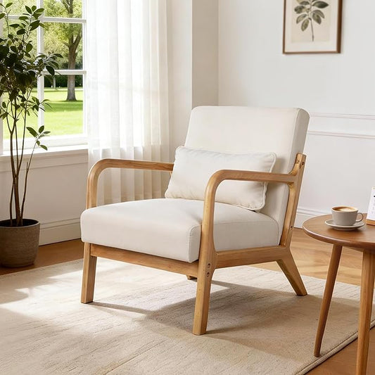 Mid Century Accent Chair Comfy Arm Chair with Solid Wood Frame Upholstered Modern Chair for Living Room Bedroom Waiting Room Beige