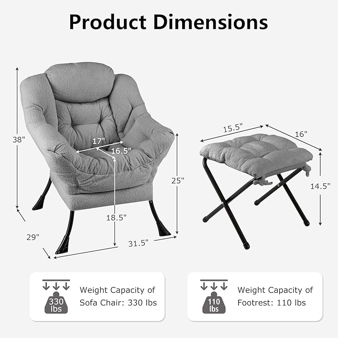 Giantex Set of 2 Lazy Chair with Folding Ottoman Modern Sherpa Accent Chair w/Armrests &amp Pocket Upholstered Single Sofa Chair Set Leisure Reading Lounge Chair for Living Room Bedroom (Grey)