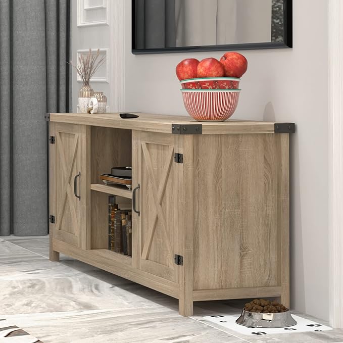 YESHOMY Modern Farmhouse TV Stand with Two Barn Doors and Storage Cabinets for Televisions up to 65+ Inch Entertainment Center Console Table Media Furniture for Living Room 58 Inch White Oak