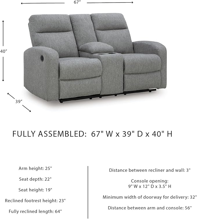 Signature Design by Ashley Carrigan Lane Classic Manual Pull Tab Dual Sided Reclining Loveseat with Console and Storage Gray