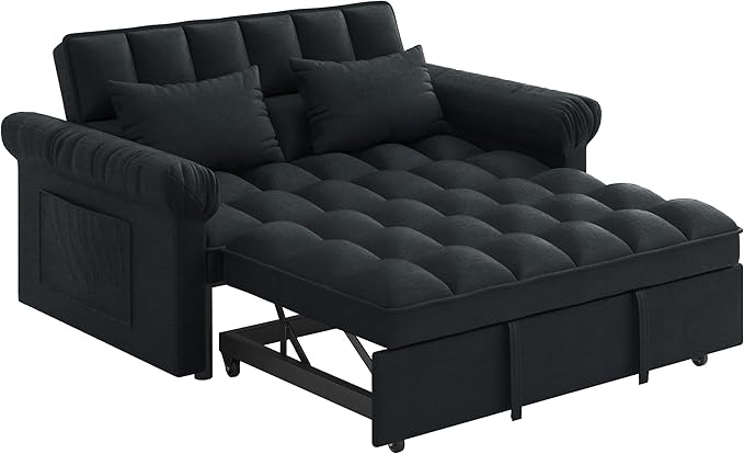 Modern Loveseat Sleeper Sofa with Pull-Out Bed &amp Adjustable Backrest Convertible Sofa Bed with Strong Wood Frame for Small Space Living Room Guest Room Easy Assembly (Black85)