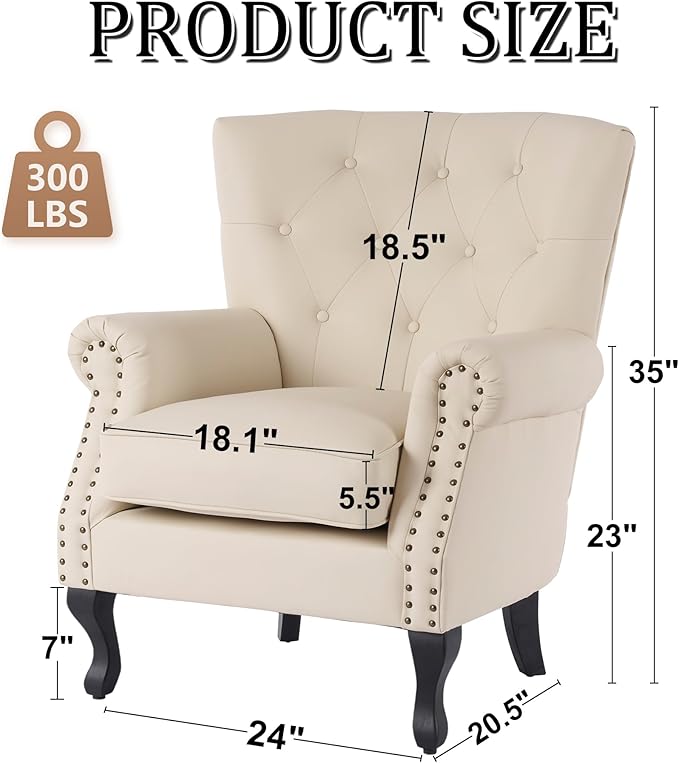 Modern Faux Leather Accent Chair Upholstered Mid-Century Armchair with Solid Wood Legs Single Sofa Chair for Living Room Bedroom or Reading Room（Ivory White）