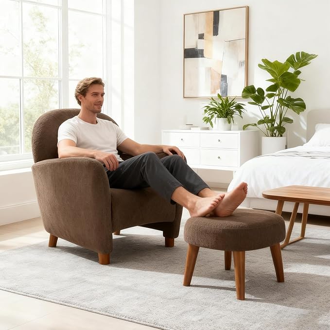 Accent Chair and Ottoman Set Modern Upholstered Barrel Chair w/Footrest Small Comfy Armchair Boucle Couch Single Sofa Chair for Living Room Lounge Bedroom Reading Corner Brown
