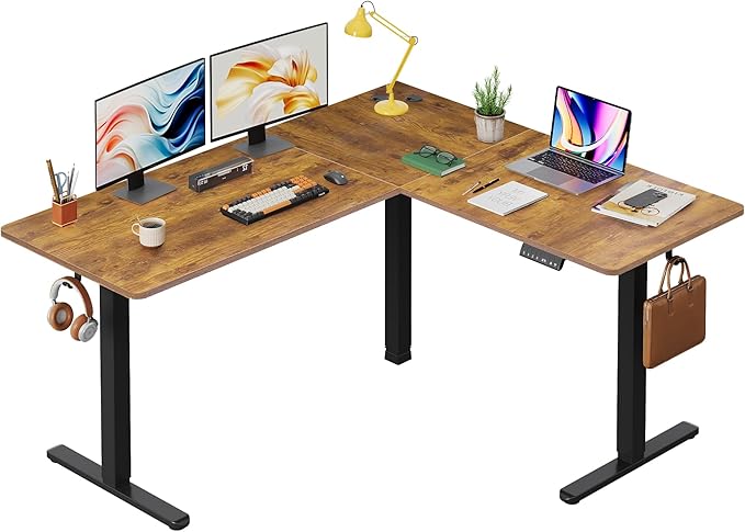 DEVAISE L Shaped Standing Desk Adjustable Height Dual Motor Electric Corner Standing Desk 63x55 inch Sit Stand up Home Office Desk with Splice Board Rustic Brown
