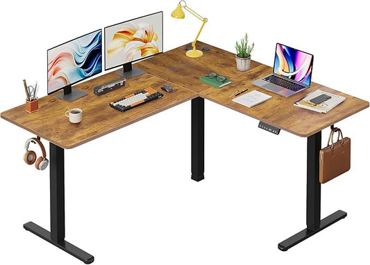DEVAISE L Shaped Standing Desk Adjustable Height Dual Motor Electric Corner Standing Desk 63x55 inch Sit Stand up Home Office Desk with Splice Board Rustic Brown