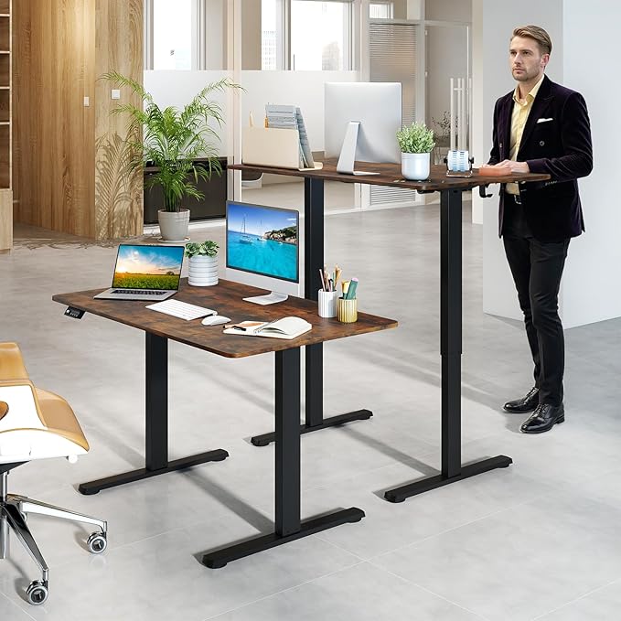 Giantex Electric Standing Desk 48 x 24 Height Adjustable Sit Stand Computer Workstation with 2 Memory Heights Headphone Hook Anti-Collision Design Home Office Computer Desk (Rustic Brown+Black)