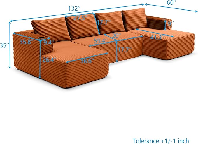 132” Oversized Modular Sectional Sofa Modern Comfy Corduroy U Shaped Couch with Cup Holders Boneless Compressed Memory Foam Cloud Couch for Living Room Office No Assembly Requiredm Orange