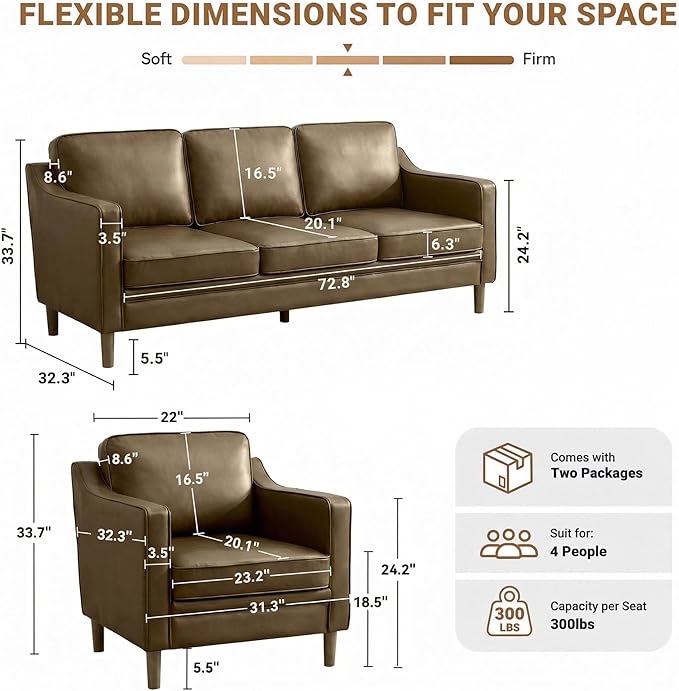 Kingfun Living Room Furniture Sets 3 Seater Couch and Armchair Mid Century Modern Sofa Set Faux Leather Couch with Solid Wood Frame for Living Room &amp Bedroom Olive Green