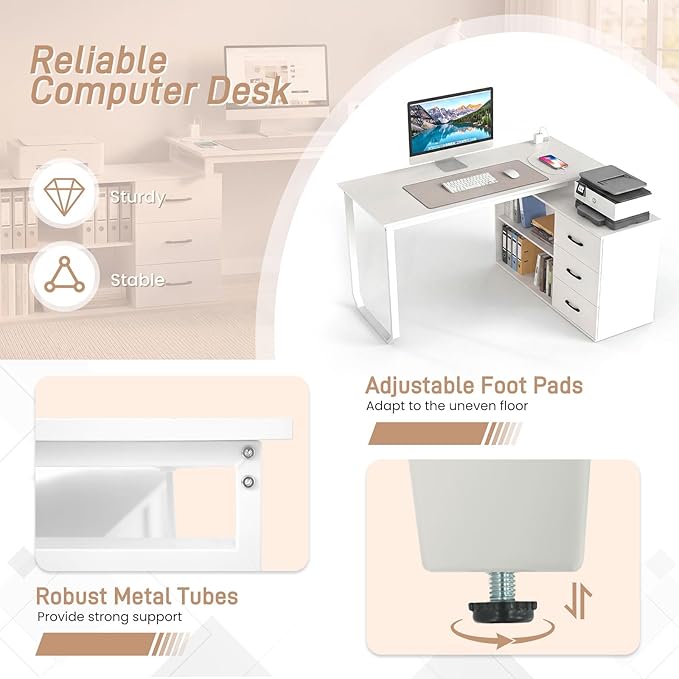 GOFLAME Reversible L Shaped Computer Desk with Charging Station 55” Home Office Desk with 3 Drawers 3-Level Adjustable Shelf Convertible Study Writing Desk for Small Space White