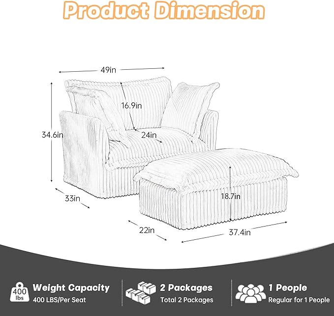 Modular Accent Armchair with Ottoman and Pillows Soft Corduroy Lounge Chair for Living Room Bedroom or Reading Nook – Oversized Chaise Lounge Design (Green Chair+Ottoman)