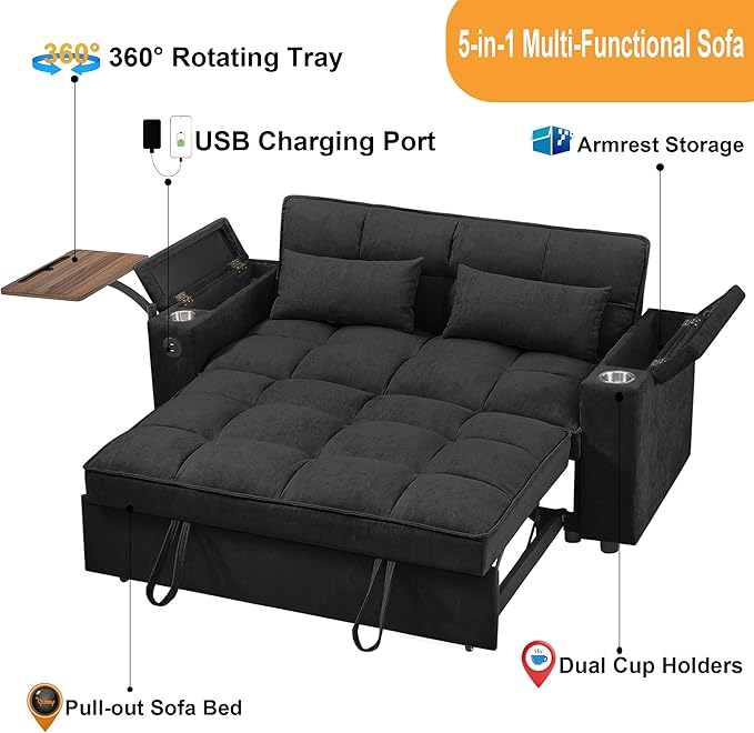 66 Multi-Functional Pull-Out Sofa Bed with Hidden Side Table Storage Armrests Built-in Charging Port Spring Mattress Solid Wood Frame – Ideal for Small Spaces Easy Assembly