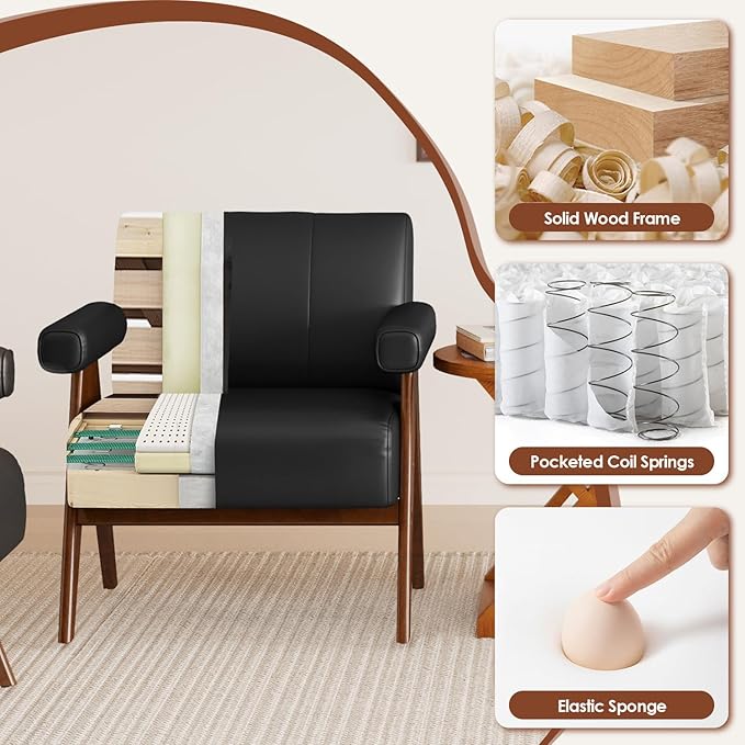 JIASTING Mid Century Modern Accent Chair Black Leather Office Reading Accent Chairs Small Comfy Side Arm Chairs for Living Room Bedroom Wood Arms (1 Black)