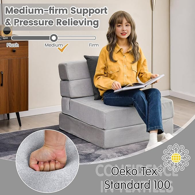 KOMFOTT Tri Folding Sofa Bed Convertible Sleeper Chair Bed 6 Inch Breathable High-Density Foam Futon Floor Couch Sleeping Mattress Portable Guest Bed Lazy Couch with Removable &amp Washable Cover