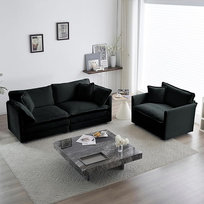 Chenille Oversized Accent Chair 41.4 Comfy Modular Single Sofa Cloud Couch Chair Upholstered Deep Seat Armchair with Pillow for Living Room Bedroom Family Room Reading Nook Black