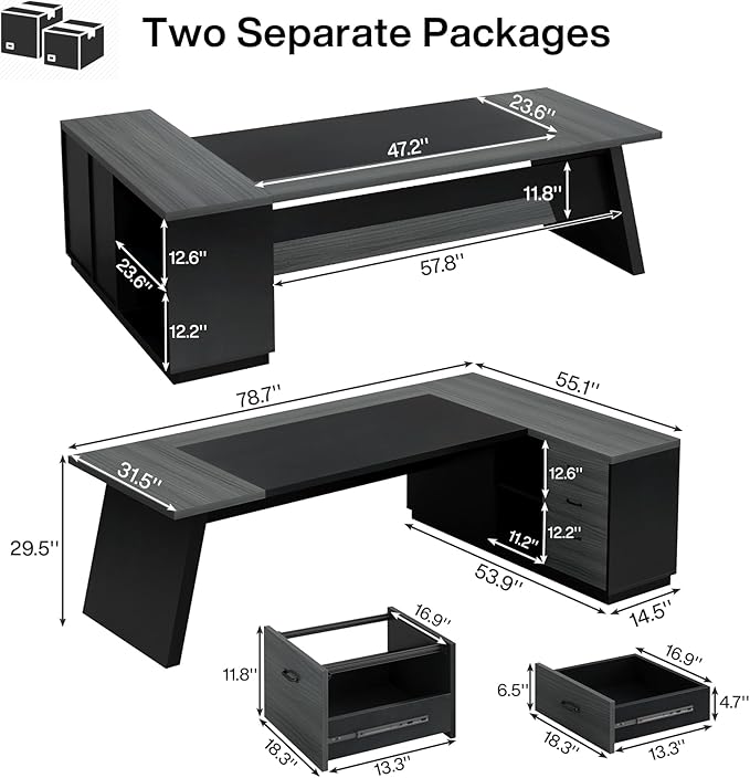 Tribesigns 78 L-Shaped Executive Desk Large Modern Office Desk with Drawers and Lateral File Cabinet Business Furniture with Storage Shelves Big Computer Desk for Home Office (Grey + Blcak)