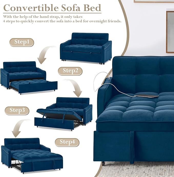 Sleeper Sofa Couch with Type C USB Port 3 in 1 Modern Comfy Velvet Convertible Loveseat Sofa w/Pull Out Bed Curved Armrest for Small Space Livingroom Apartment Office Blue