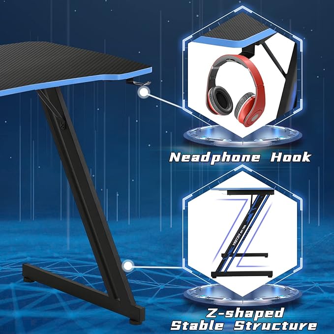 Dkelincs Gaming Desk 39.4 inch Z-Shaped Computer Desk PC Computer Table Home Office Desk Ergonomic Gamer Workstation with Headphone Hook Blue