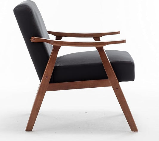 Mid Century Modern Accent Chair with Wood Frame Upholstered Living Room Chairs with Waist Cushion Reading Armchair for Bedroom Sunroom Lounge Chair Indoor Office Family (Black)