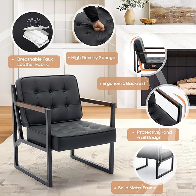 COLAMY Mid Century Modern Accent Chair Set of 2 Comfy Living Room Chair Black Leather Accent Chair Faux Leather Reception Armchair with Metal Legs for Living Room Bedroom Reception Office Black