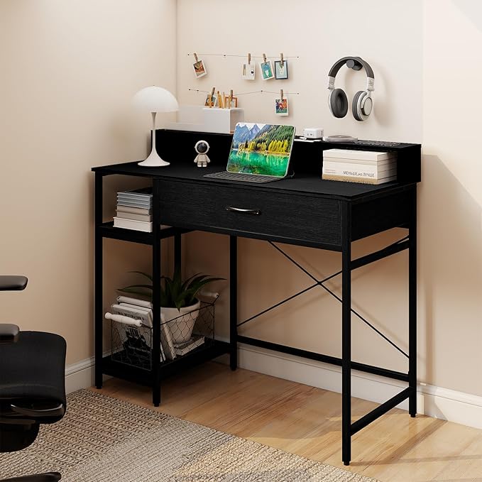Giantex Computer Desk with Drawer 42 Small Computer Workstation w/Charging Station &amp Monitor Stand PC Laptop Desk w/Storage Shelves &amp Compartments Writing Desk for Small Space Home Office