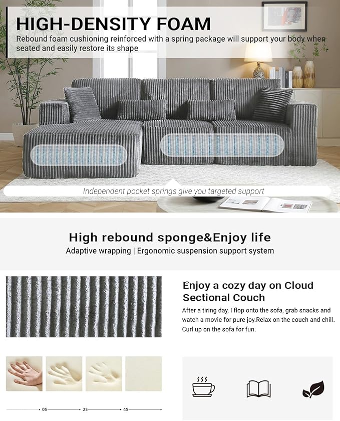 110 Cloud Sectional Couch Modular Sectional Sofa with Deep Seat Corduroy Upholstered Boneless Couch for Living Room Bedroom Left Facing Chaise (Grey 110 Right Facing Chaise)