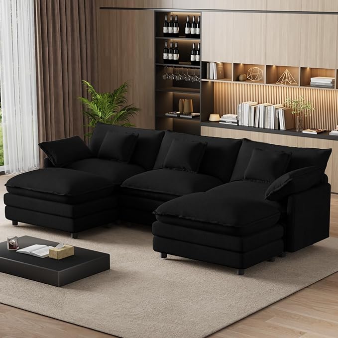 114 U Shaped Cloud Couch Sectionals Oversized Sectional Couches for Living Room Modular Couch Large Velvet Cloud Sofa with Movable Ottoman Black