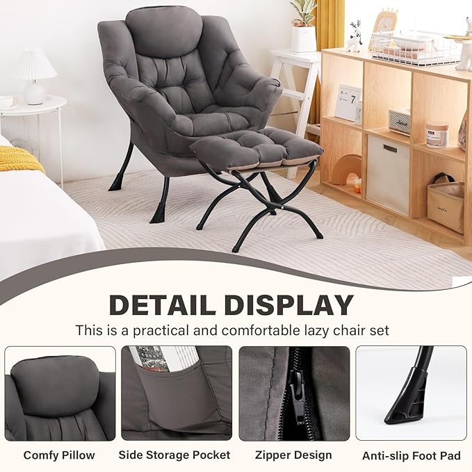 Lazy Chair with Ottoman Modern Accent Chair Contemporary Sofa Chair with Armrests Reading Chair and Folding Footstool Set for Living Room Bedroom Office Dark Grey