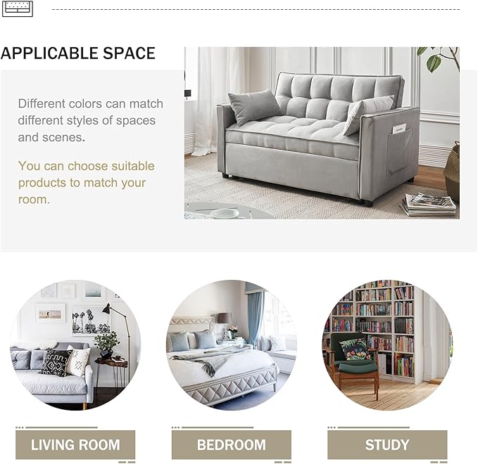 Futon Sofa Bed 3 in 1 Sleeper Sofa Couch Bed with Armrests Storage Pockets and 2 Pillows Adjustable Backrest Sofa Bed Couch for Living Room Bedroom OfficeReading Room(Grey)