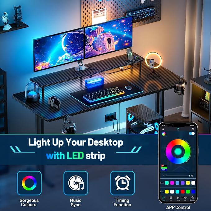 HLDIRECT 63 Inch Gaming Desk with 5 Sockets &amp LED Lights Computer Gamer Desk with Monitor Stand Ergonomic Carbon Fiber Gaming Table Home Office Desk with Cup Holder Headphone Hook &amp Mouse P