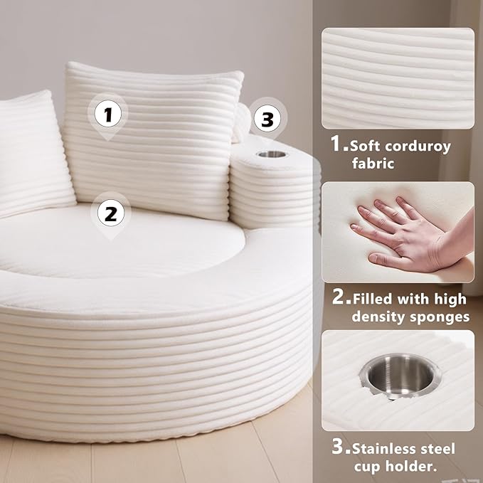 55 White Oversized Round Boneless Couch Sofa Velvet Memory Foam Cloud Couches Lounge Chair Comfy Fluffy Single Sofa with 3 Pillows for Living Room Bedroom No Assembly Required (White .)